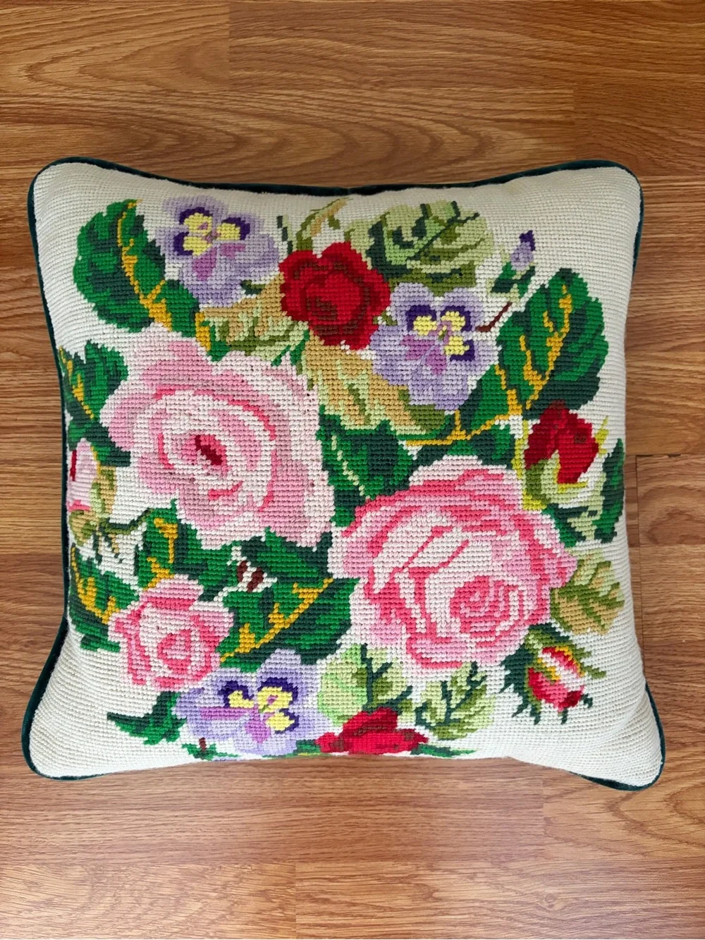 Floral Needlepoint Throw Pillow in Pink and Green - Decorative Home Accent